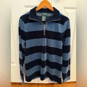 Lauren Ralph Lauren 1/4 Zip Top Velour Pullover Navy & Light Blue Stripe size S
